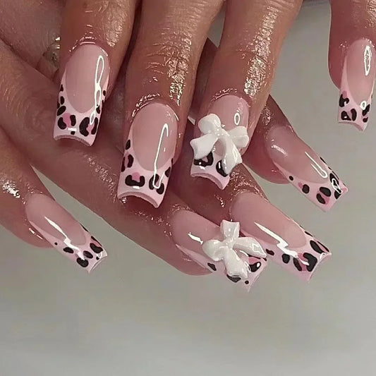 Mid Long Pink Leopard Press-On Nails with Bow