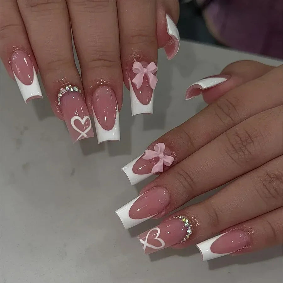 Mid Long Pink Leopard Press-On Nails with Bow
