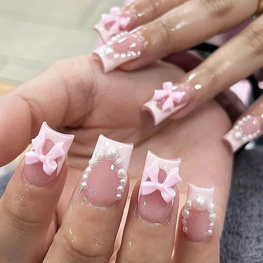 Mid Long Pink Leopard Press-On Nails with Bow