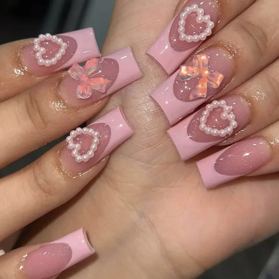 Mid Long Pink Leopard Press-On Nails with Bow