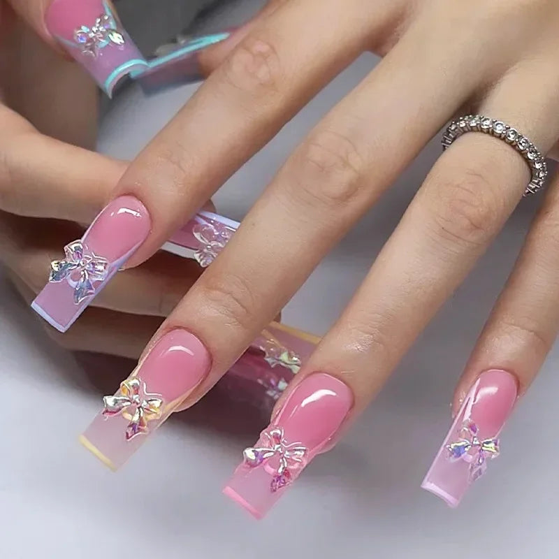 Mid Long Pink Leopard Press-On Nails with Bow