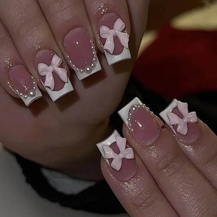 Mid Long Pink Leopard Press-On Nails with Bow