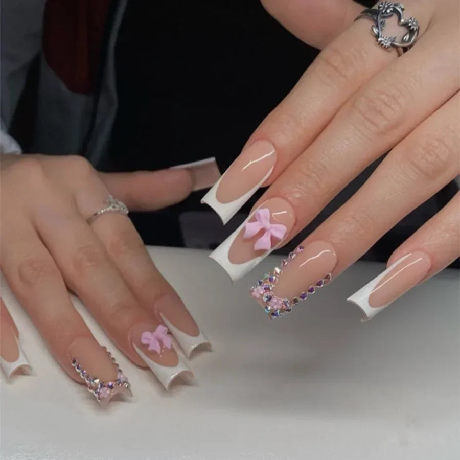 Mid Long Pink Leopard Press-On Nails with Bow