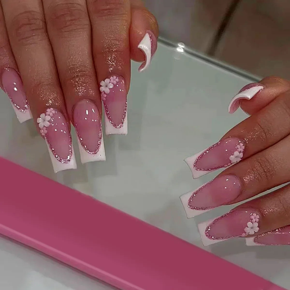 Mid Long Pink Leopard Press-On Nails with Bow