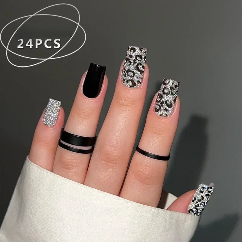 Mid Long Pink Leopard Press-On Nails with Bow