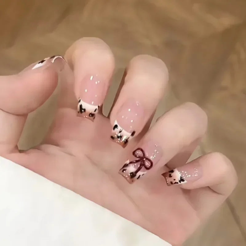 Mid Long Pink Leopard Press-On Nails with Bow